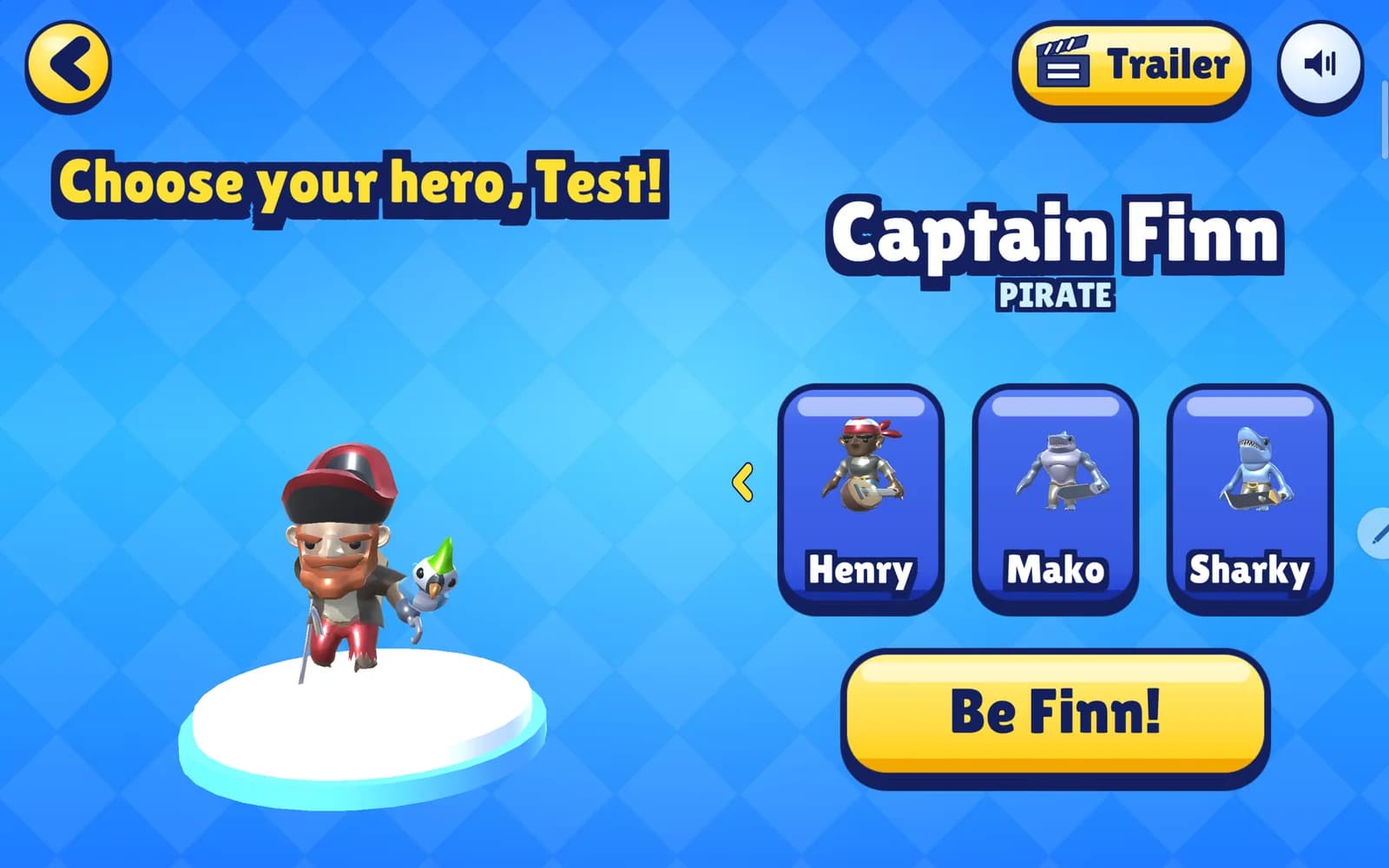 The hero picker showing Henry, Mako and Sharky