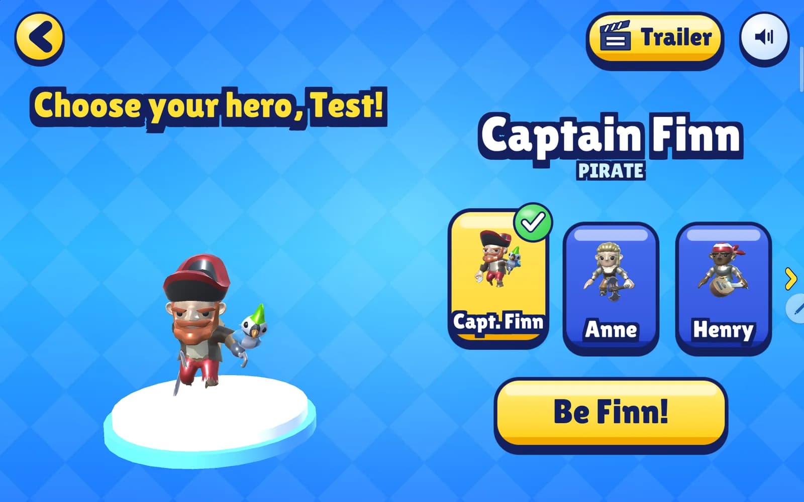 The hero picker: Captain Finn the pirate stands on a podium next to cards for Anne and Henry