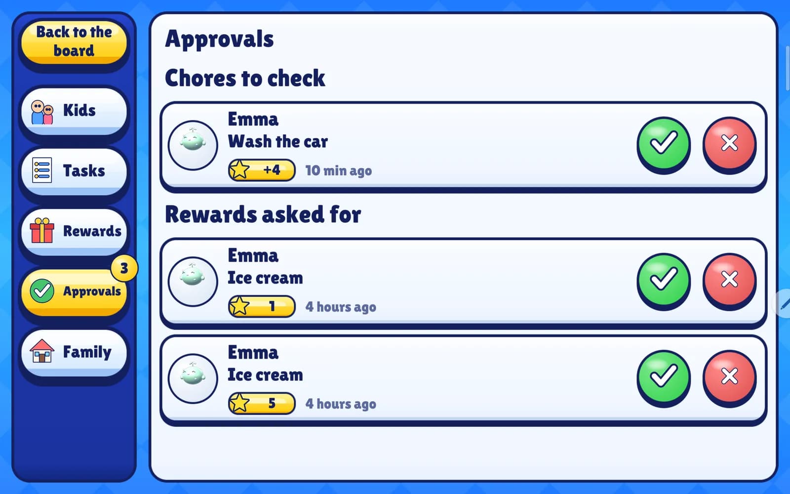 The parent approvals screen, with a chore to check and rewards the kids asked for