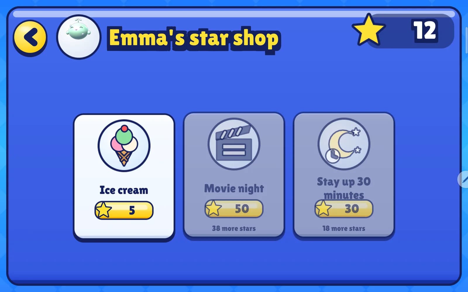 Emma's star shop with ice cream, movie night and staying up 30 minutes
