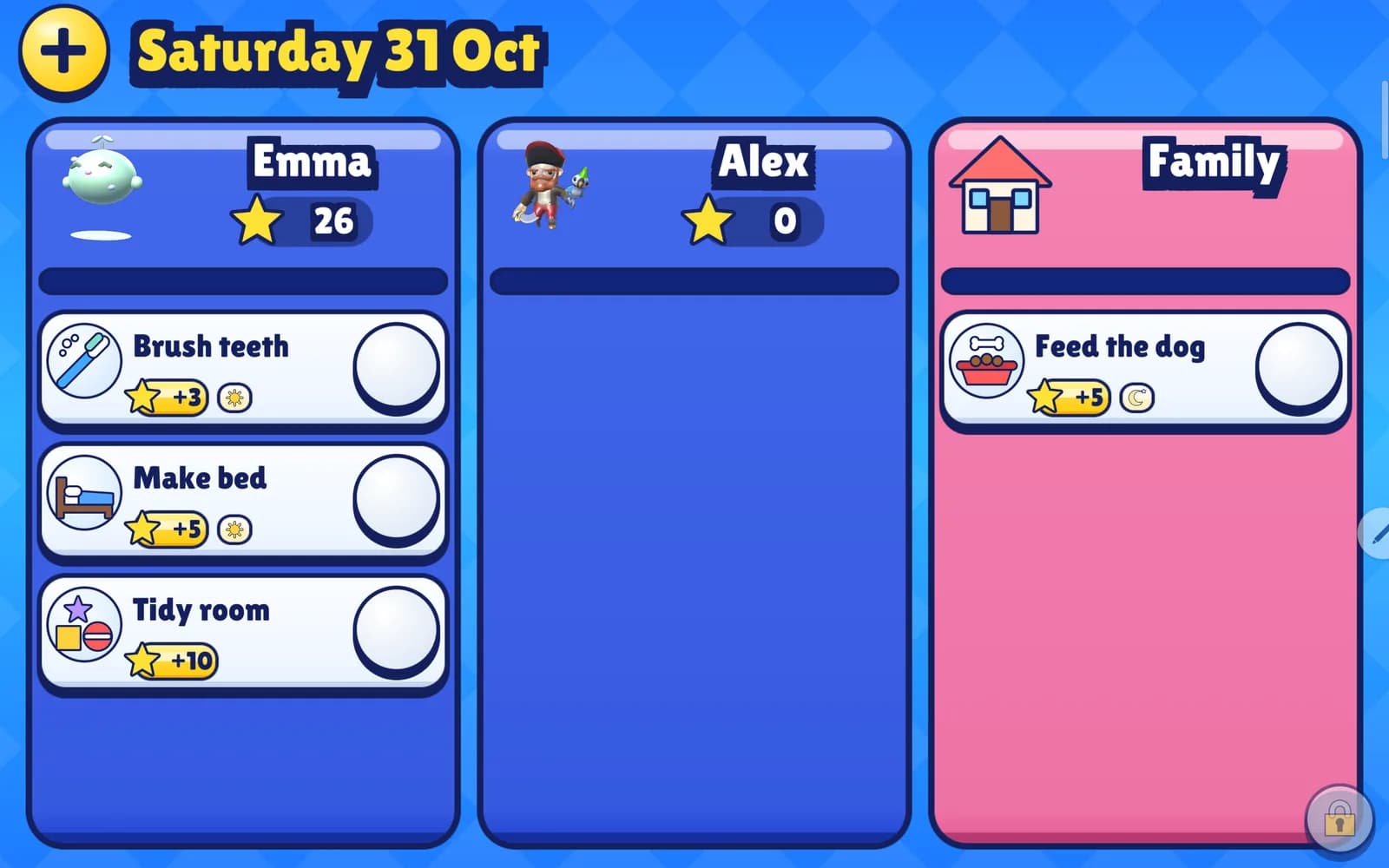 The Tick Board on a family tablet: Emma's quests, Alex's column and a shared family quest, each with a star reward